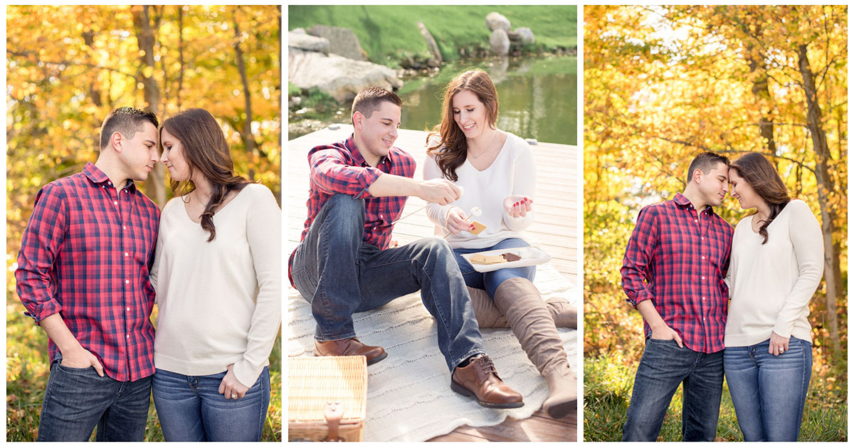 lakeside fall engagement photos with coffee and smores