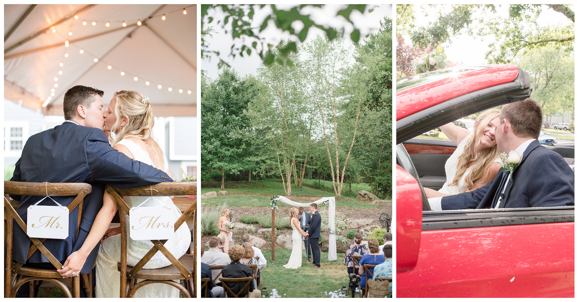north jersey backyard microwedding with tented reception and convertible drive around