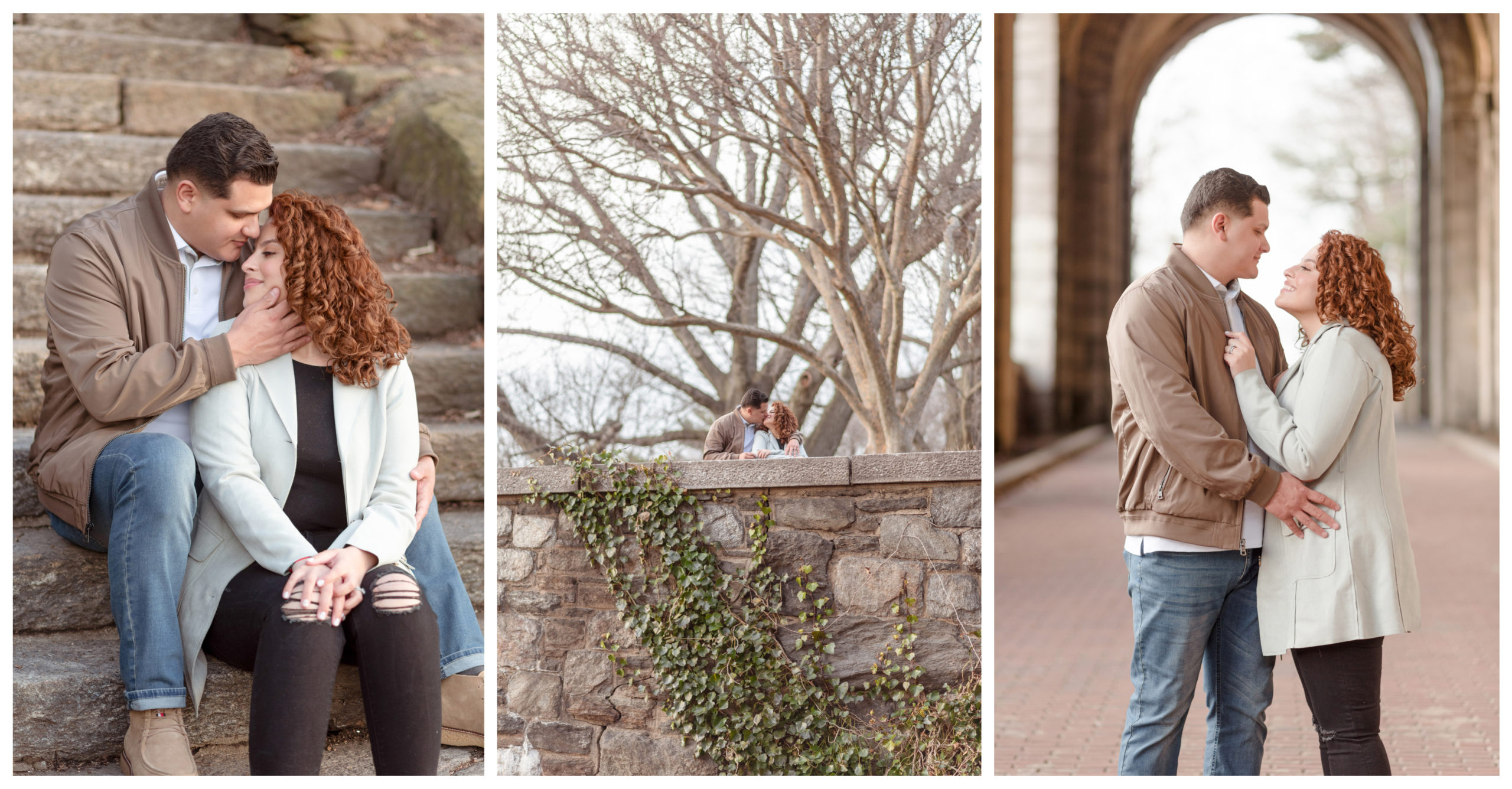 fort tryon park engagement session at the hudson river lookout arches and stone steps