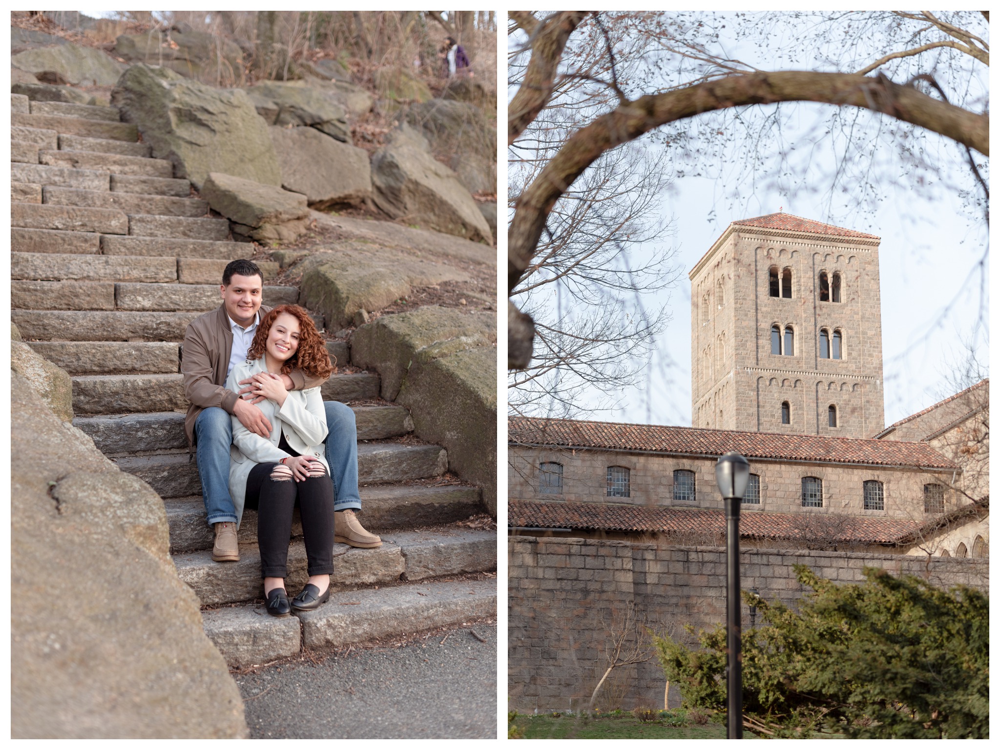 fort tryon park engagement session at the stone steps near cloisters building
