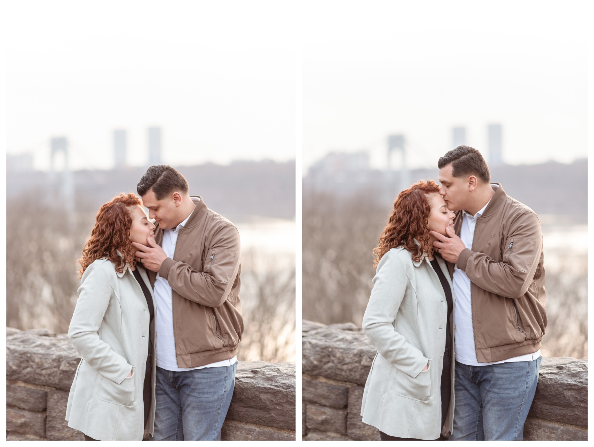 fort tryon park engagement session at the hudson river lookout with george washington bridge skyline