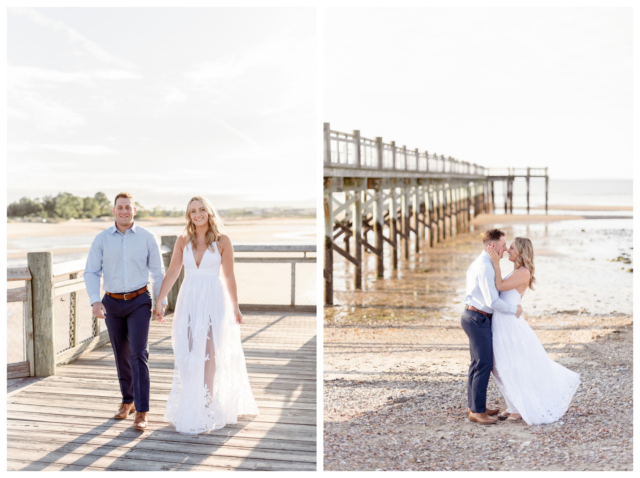 walnut beach engagement session in milford ct at silver sands beach with pier in background