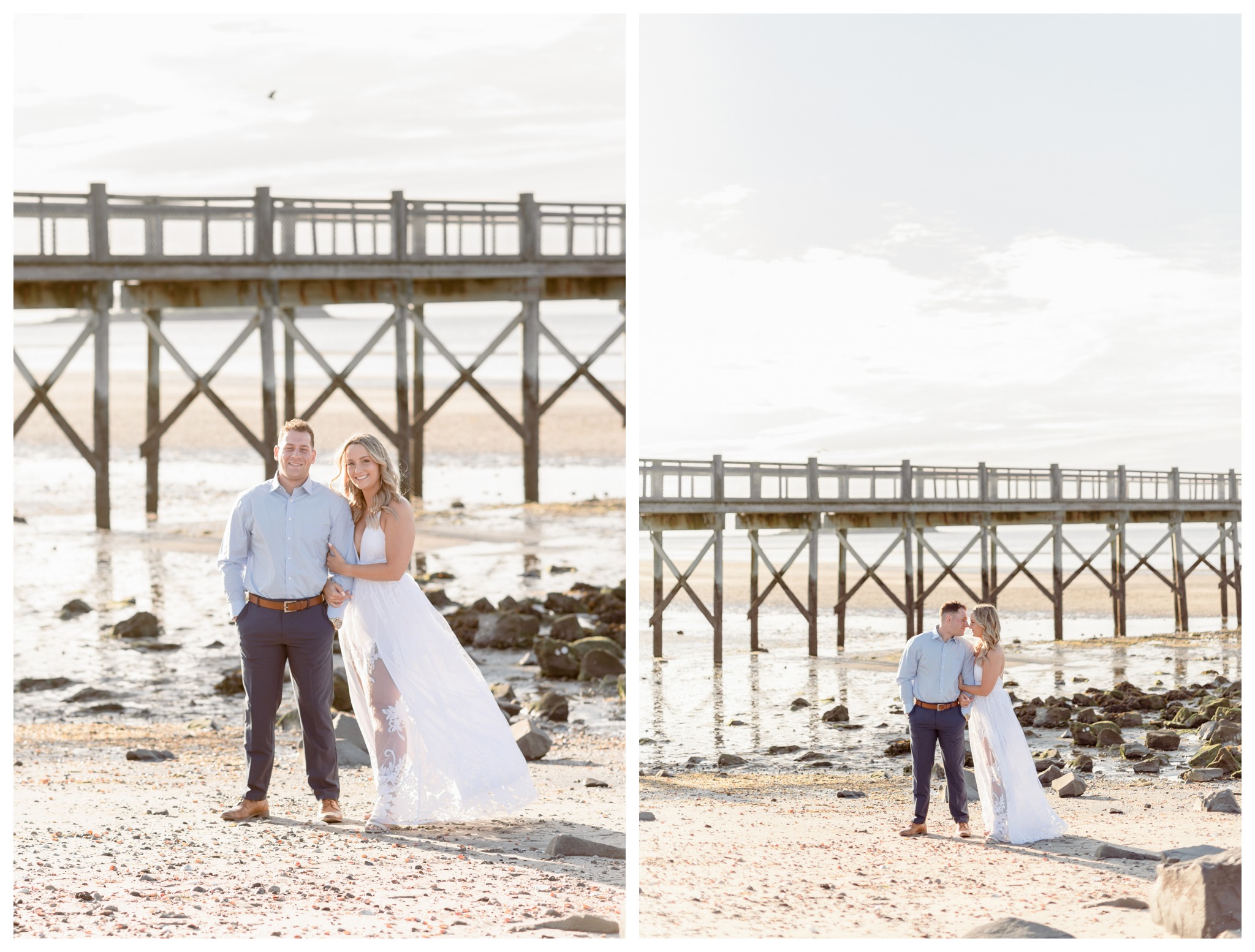 walnut beach engagement session in milford ct at silver sands beach with pier in background