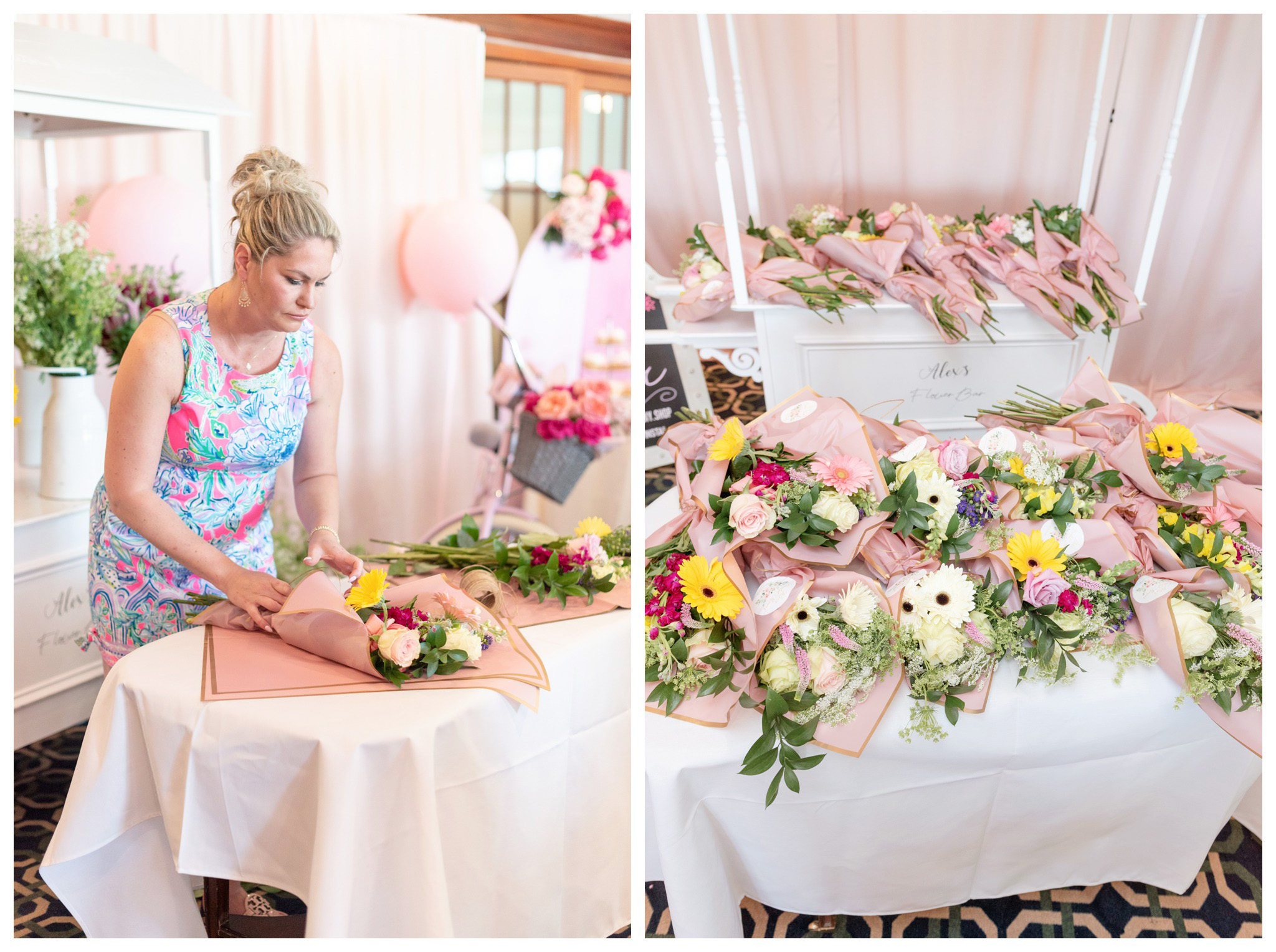 floral flower bar at a garden party bridal shower at essex fells country club in nj